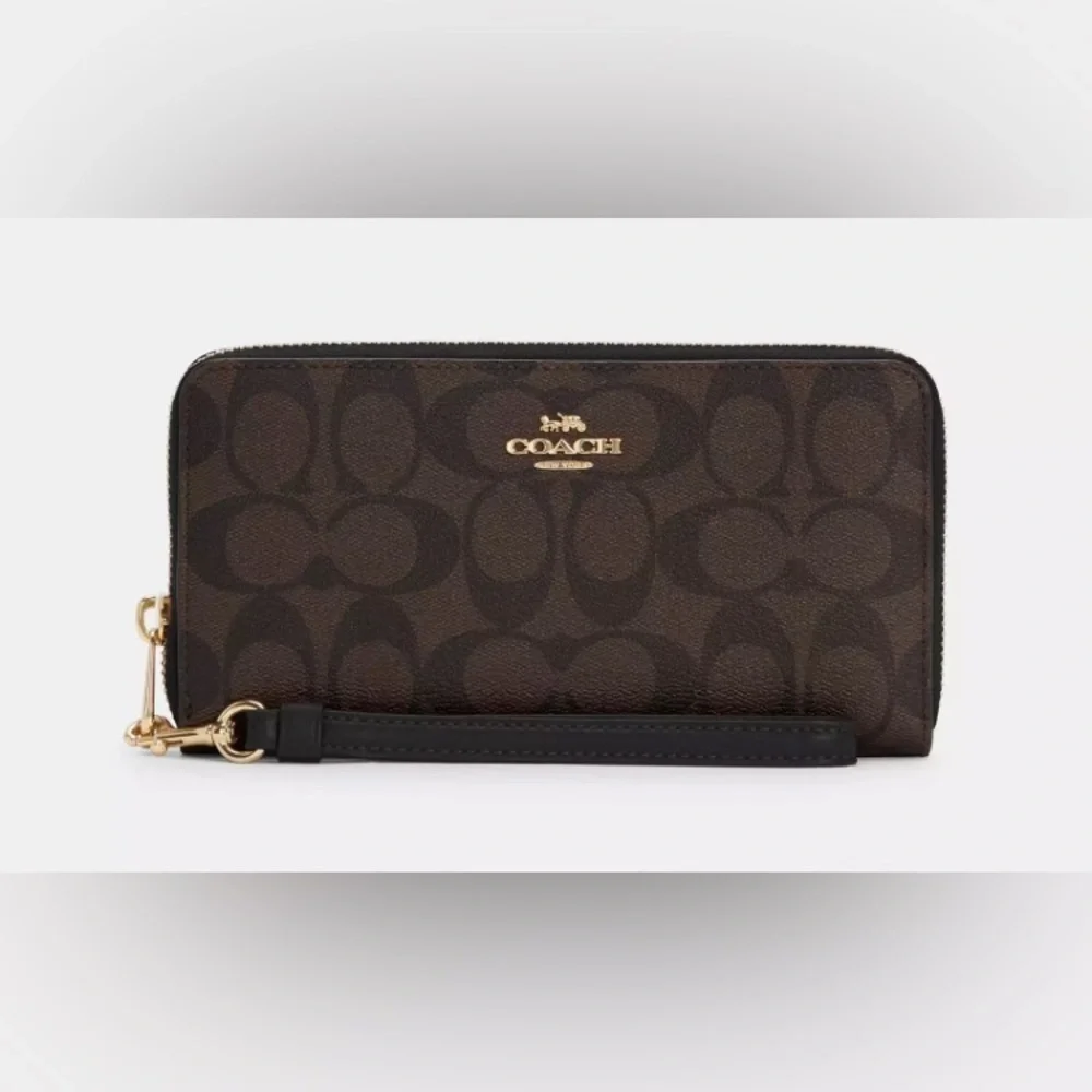 Coach - NEW - Long Zip Around Wallet In Signature Canvas. Gold/Brown Black